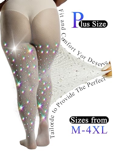 Image of HONENNA Queen Plus Size 10X Strong Rhinestone Fishnet Stockings, Ultra Sparkly High Waist Tights for Women, Party Concert