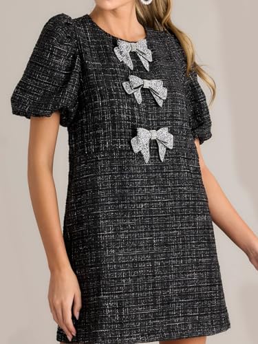 Tweed Dress Woman with Bows Plaid Puff Short Sleeve Black Jackie O Dresses Casual Sparkly Mini Skirt3