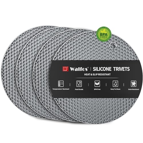 Image of Walfos Silicone Trivet Mats - 4 Heat Resistant Pot Holders, Multipurpose Non-Slip Hot Pads for Kitchen Potholders, Hot Dishers, Jar Opener, Spoon Holder, Food Grade Silicone & BPA Free (Round)