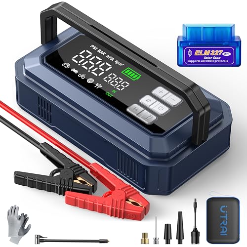 UTRAI ジャンプスターター 6000A 大容量 【6in1多機能】エアコンプレッサー 150PSI OBD2車両診断 折りたたみ式ハンドル 2種類LEDライト モバイルバッテリー 12Vガソリン車全排気量・ディーゼル車12L以下対応 QC3.0急速充電