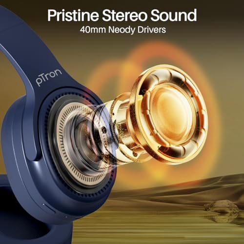 Image of pTron Studio Pro w / 65Hrs Playtime, Wireless Over Ear Headphones with HD Mic, Dual Device Pairing, TruTalk AI-ENC Calls, Low-Latency Game & Music, 40mm Drivers, BT5.4, Type-C Fast Charging (Navy Blue)