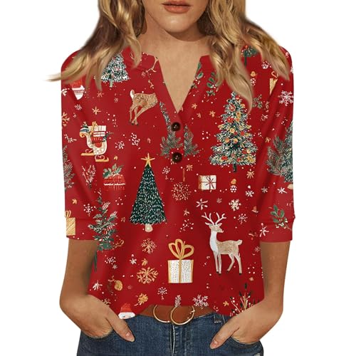 Top Weihnachten Damen Tunika Weihnachtskleid Elegant Langarm Xmas Pulli Shirt Weihnachtsshirt Lustig Weihnachts Grosse Grössen Rot XL