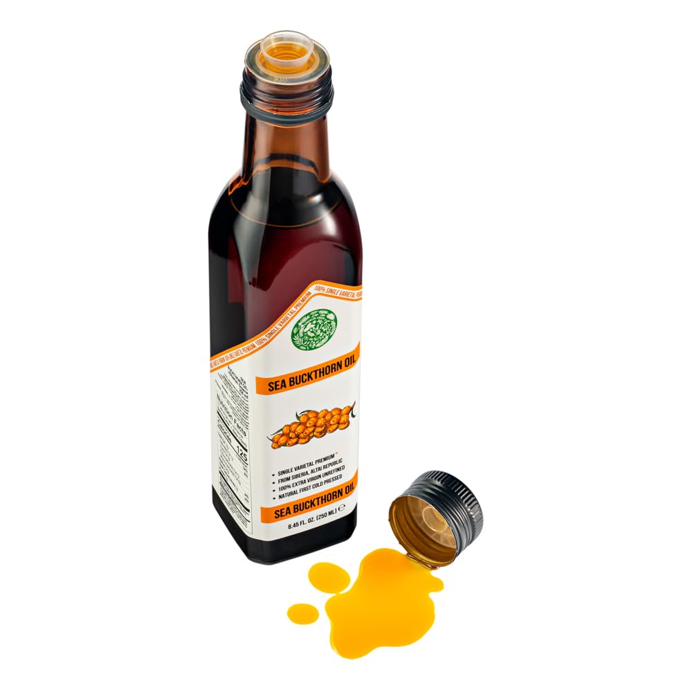 Aceite de Espino Amarillo Verde Siberiano – 250 ml Aceite de Fruta Hippophae Monovarietal, Virgen Extra Sin Refinar, Prensado en Frío