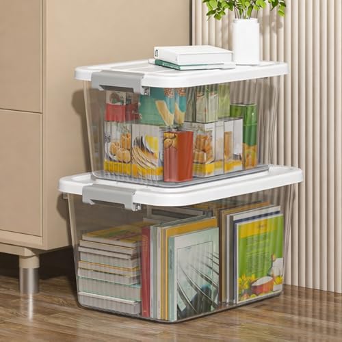 Image of HoopVool Smiley Face Plastic Storage Bin with Locking Lid - Sturdy and Versatile Home Organizer, Available in Multiple Color And Size. (WHITE, PACK OF - 2, X-LARGE - 15.7 X 11.4 X 7.9 INCH)