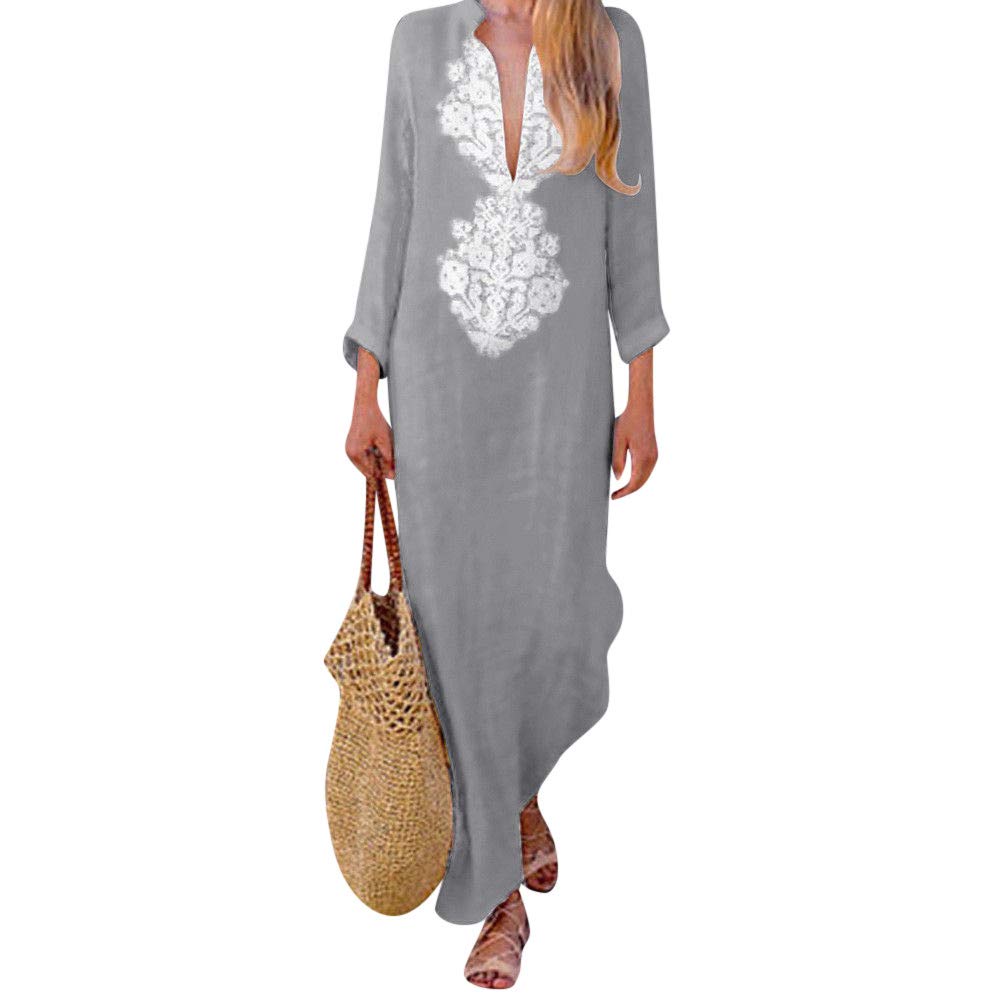 LISTHASummer Dresses for Women Casual Henley V Neck Maxi Dresses Long Sleeve Cotton Linen Baggy Beach Dress