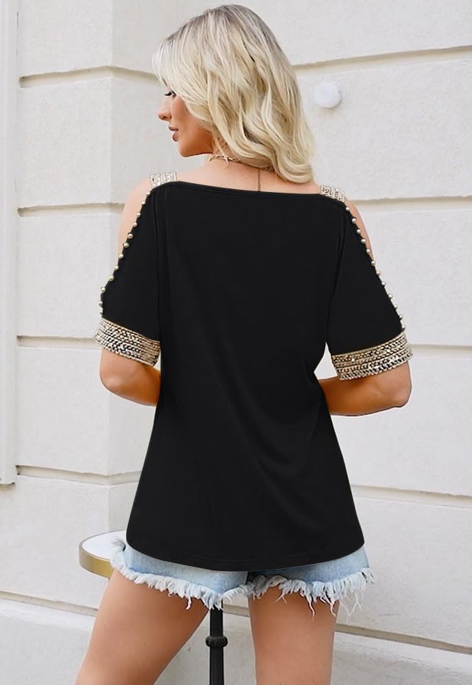 Womens Cold Shoulder Tops with Sequins V Neck Short Sleeve T Shirts Casual Loose Fit Basic Tee - Image 4
