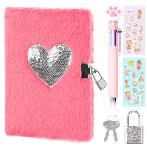 Image of Heart Diary with Lock, Gift for 8 9 10 Year Old Girl, Secret Diary Journal Notebook with Multicolored Pen, Stickers, Practical Gift for Birthday Easter