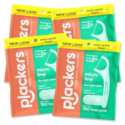 Plackers Micro Mint Dental Flossers, Fold-Out Toothpick, Super Tuffloss, Easy Storage with Sure-Zip Seal, Fresh Mint Flavor, 150 Count (Pack of 4)