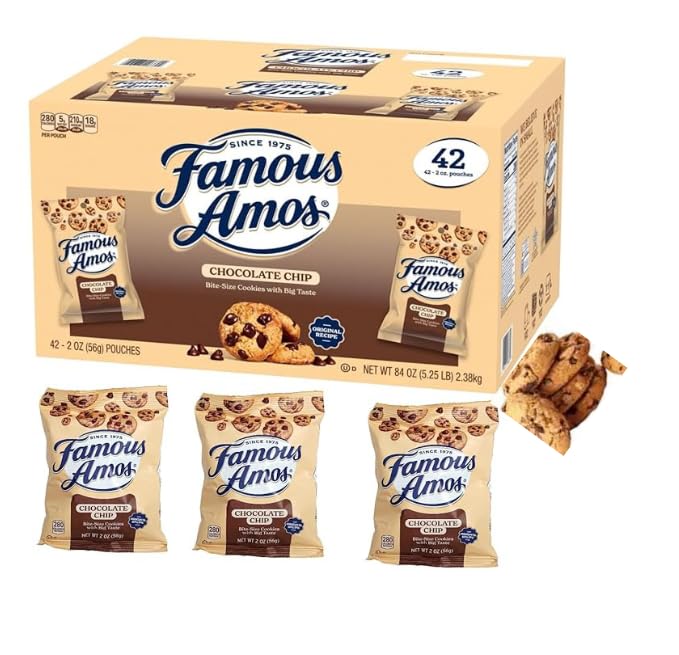 Classic Bite-Size FamousAmos Chocolate Chip Cookies, 2 oz Individual Bags | (42 - Count Chocolate Chip Cookies)