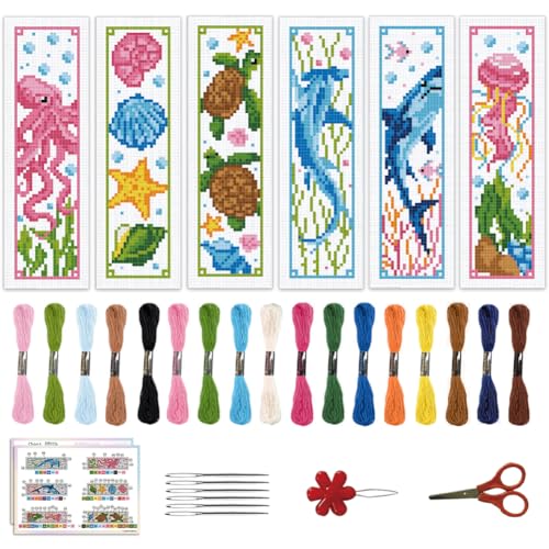 Image of ACRNIGHEET 6PCS Cross Stitch Bookmark Kits Marine Animals Pattern Stamped Cross Stitch Kits for Beginners Adults DIY Stamped Embroidery Bookmarks with Instructions Hand Embroidery Craft Gift 11CT