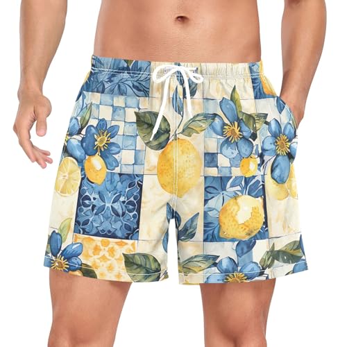xigua Watercolor Vintage Lemons Mens Swim Trunks with Liner, 5 inch Quick Dry Mens Boardshorts for Beach