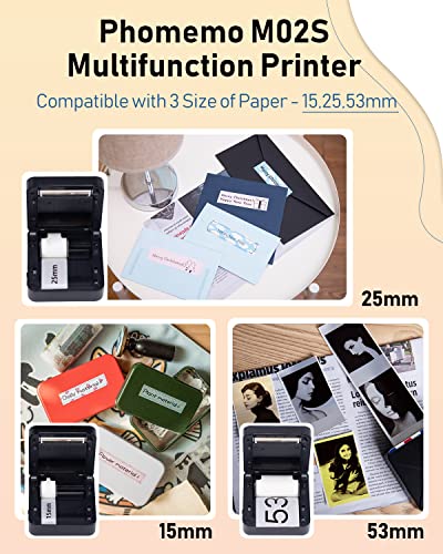 Phomemo M02S 300 DPI Thermodrucker, Taschendrucker Mini Drucker für Handy mit 6 Papierrollen, Kompatibel mit 15, 25, 53 mm Papier, ideal für Studium, Scrapbooking, Fotos, Geschenke (Schwarz)