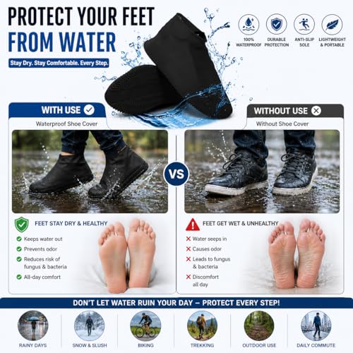 Image of Silicone Waterproof Rain Shoe Cover | Shoe Care & Accessories, Reusable, Non Slip Shoe Covers for Men Women Kids, Durable Overshoes for Rain, Snow, Biking, Trekking & Outdoor Use (Black, Medium US 4-6.5)