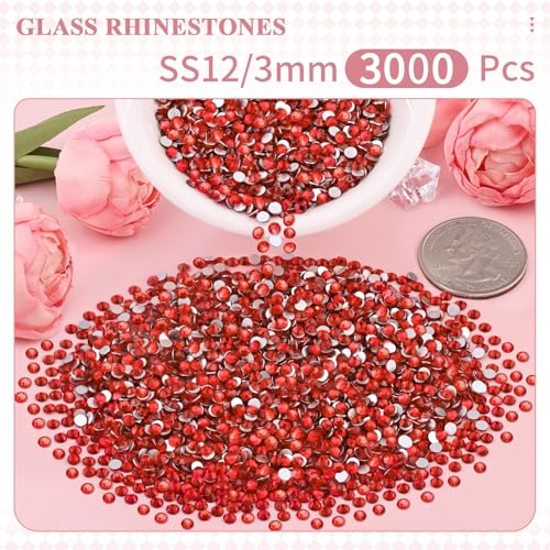 Image of 3000PCS SS12 /3mm Crystal Glass Rhinestones for Bedazzling (Light Red) | Flatback Rhinestones for Crafting DIY Nail Makeup Decoration, Light Siam Gems Diomand Charms for Tumbler Shoes Clothing Mug