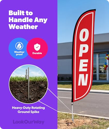 Image of LookOurWay Feather Flag Pole Kit - 12 Feet Tall Advertising Flag Banner with Fiberglass Pole Kit and Ground Spike for Business Promotion - Grand Opening Flags - Open Red & White (10M1200104)