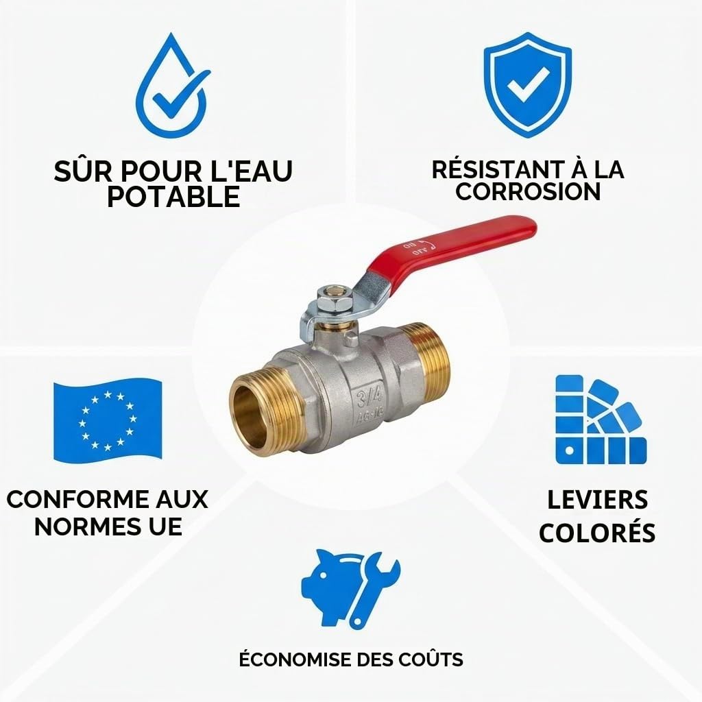 KNM Trade Vanne Laiton Nickelé Encastrée 1/2" Pour Eau Potable | laiton nickelé, PTFE, chauffage, plomberie, sécurité eau potable, normes européennes, installation aisée