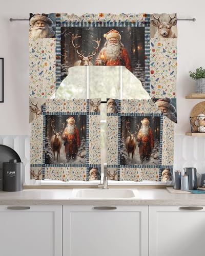 Santa Elk Swag Kitchen Curtain Sets with Valance,3 Pieces Rod Pocket Curtain Drapes for Bedroom Living Room Bathroom Cafe Windows,Christmas Farmhouse Forest Winter Deer 56''x36'' & 36''x27.5''x2Panels