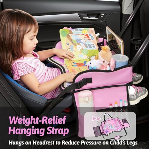 Image of OUOZZZ Kids Travel Tray for Car, Girl's Safety Seat Table | Weight-Relief Strap, Non-Skid Silicone Base, Waterproof Dining /Craft Mat, Carseat /Airplane Lap Desk