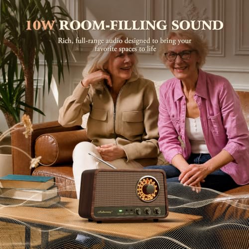 Image of Classic wooden Bluetooth FM radio with 10 watts of powerful sound, retro radio with Bluetooth speaker with amber glowing dial, bass control, Aux input, connector for