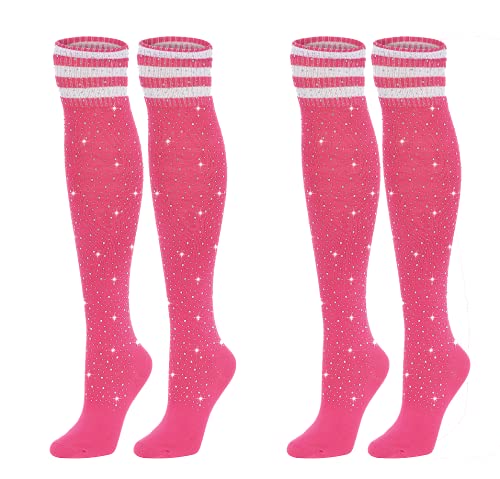 Image of Woman's Rhinestone Over Knee High Socks Stripe Knit Stockings Leg Warmers for Christmas Valentines day Events