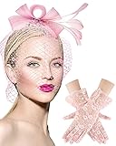 Boao Fascinator Hat for Women Feather Funeral Veil Hat Tea Party Derby Headband and short Floral Lace Gloves(Adult,Pink)