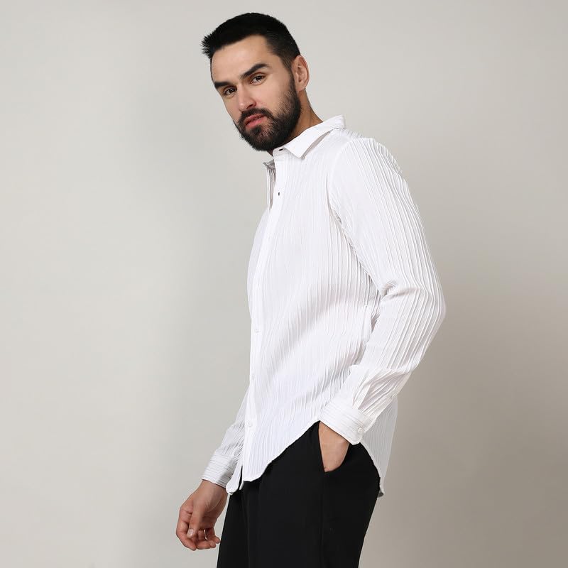 Image of CAHOOT Men's Self-Design Striped Shirt for Casual Wear | Spread Collar | Long Sleeve | Button Closure | Shirt Crafted with Comfort Fit for Everyday Wear