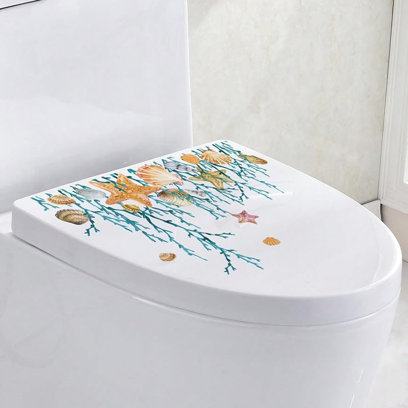 Ocean Grass Shell Sea Star Toilet Cover Sticker Decals,Shell Conch Starfish Waterproof Toilet Lid Tank Seat Decals Cistern Self-Adhesive Bathroom Wall Sticker