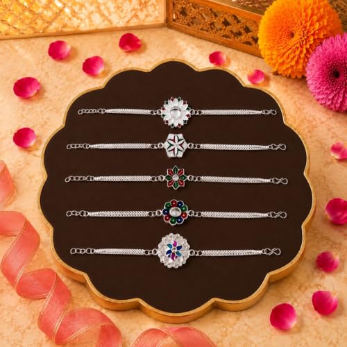 Image of Periapt Rakhi for Brother Set of 5 - Stylish Silver Colour Mix Design Rakhi with Pooja Coin, Greeting Card & Tilak Set | Traditional Rakhi Gift Combo for Raksha Bandhan (K1 1063)