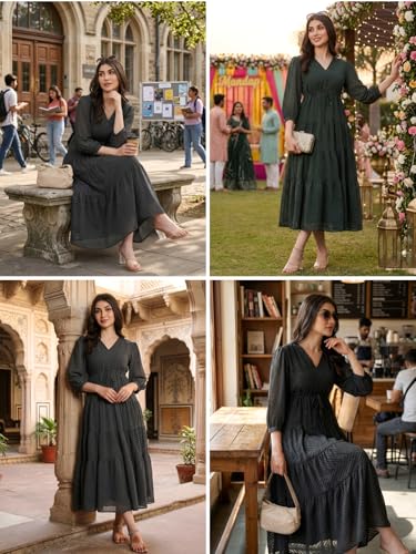 Image of Leriya Fashion Maxi Dress for Women | Western Summer Georgette Stylish A-line Dress for Beach Party Outfits | Western Summer Black One Piece Knee Length Dresses for Woman