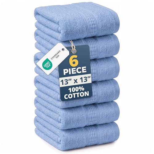Image of LANE LINEN Blue Wash Cloths - 100% Cotton 6 Pack Set - 13 inchx13 inch Soft Surface, Reinforced Edges & Quick Drying - Highly Absorbent & Fade Resistant - Ideal for Salon, Spa & Hotel - Cerulean Blue