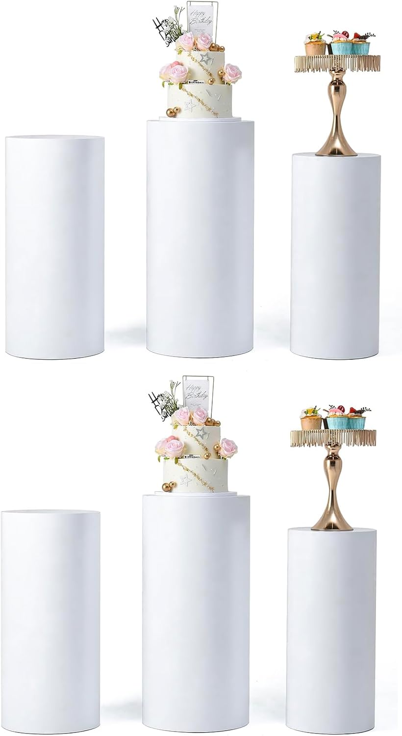 Vincidern 3PCS Metal Cylinder Pedestal Stands for Parties, White Round Cylinder Plinths Dessert Table Display Pillars for Birthday Wedding Bridal Baby Shower Party Decorations 23.6"(S), 25.5"(M), 27.5"(L)