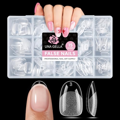 UNA GELLA Oval Gel Nail Tips Short 15 Sizes 300PCS, Pre-Etched Clear Acrylic Nail Tips Easy DIY Salon Oval Almond Press On Nails Snug Fit Full False Fake Tips Extensions Long-Lasting Hold