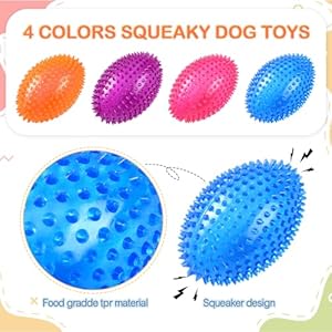 4 Pcs 4.5” Spiky Squeaker Football Dog Toy for Medium Large Dogs Spiky Dog Balls Puppy Chew Toys for Aggressive Chewers Spiky Ball Dog Toy Fetch Toys for Training (Vivid,Colorful)