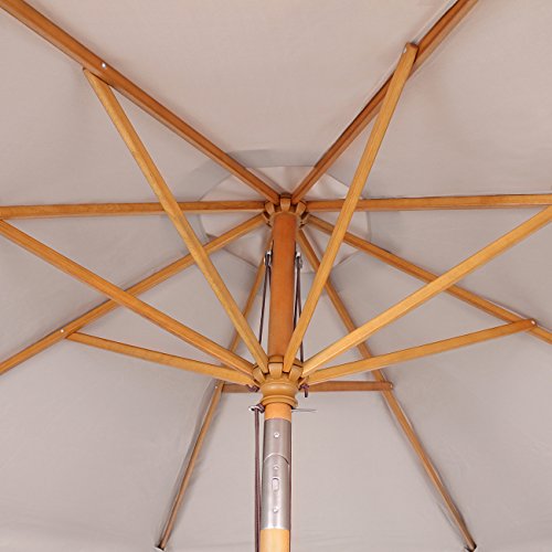 Nahaufnahme des Sekey Sonnenschirms mit UPF 50+ Stoff und Holzrippen. - Detailansicht von Sekey 300cm Holz-Sonnenschirm...