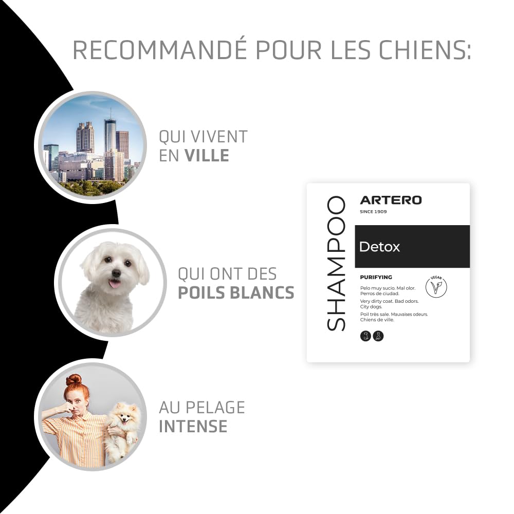 Artero Detox Shampooing pour chiens et chats de ville, nettoyage en profondeur anti-pollution au charbon actif, contrôle des odeurs et brillance naturelle, élimine la saleté, le pelage propre et