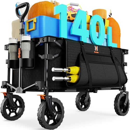 Navatiee 140L Collapsible Foldable Wagon with Wheels, Large Capacity Foldding Wagon Cart with Side...