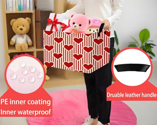 Image of Large Valentine's Day Basket Heart Shaped Storage Bin for Gifts Collapsible Organizer Room Decor (Vertical Bar Red Love)