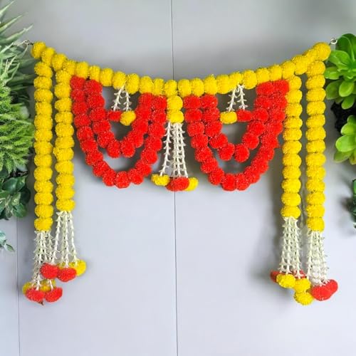 Image of iHandikart Artificial (40x32 Inch) Red & Yellow Marigold Bandanwar for Door Decoration Handmade Festive Toran for Makar Sankranti, Lohri, Diwali, Pooja, Griha Pravesh & Indian Home Decor (B0087)
