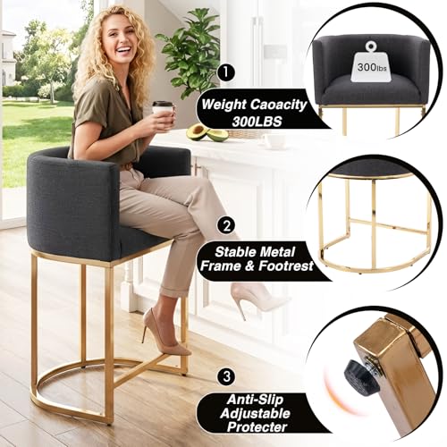 Image of HNY Modern Barrel Counter Height Bar Stools Set of 3, 29 Inch Charcoal Linen Kitchen Barstools with Back for Island, with Gold Metal Tubular Frame