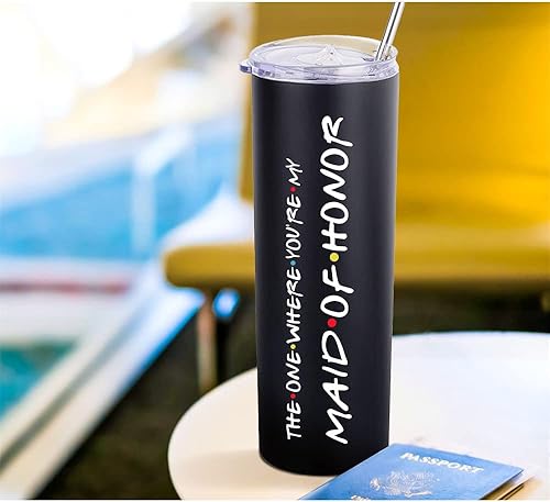 Miniatura 4 de Neapth Vaso de vino blanco delgado de 20 onzas, regalos de dama de honor de la novia, regalo de compromiso para dama de honor con popote para labios