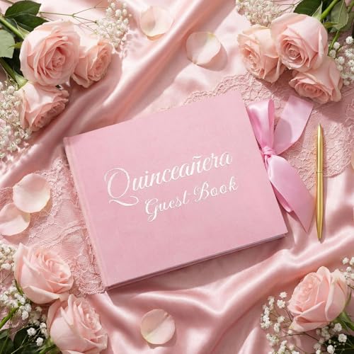 Image of Panelee Velvet Quinceanera Guest Book with Pen Pink Sign in Log with Bow 15 Year Anos Quince Book 144 Page Signature Guest Sign in Keepsake Album for Birthday Party Keepsake Gift