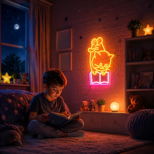 Image of Cat Read BookNeon Sign for Wall Decor Light Up Sign Led Signs for Room Party Home Wall Decor USB Powered