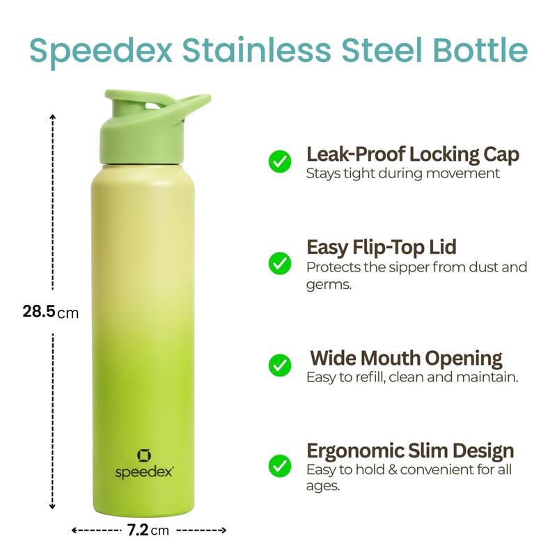 Image of Speedex Stainless Steel Water Bottle 1 Ltr, Leak Proof Sipper Cap, BIS Approved 1000 ml Metal Bottle For Daily, Office, School, Gym, Travel Use for Men, Women, Kids, Adults, Lime Green, Set of 3