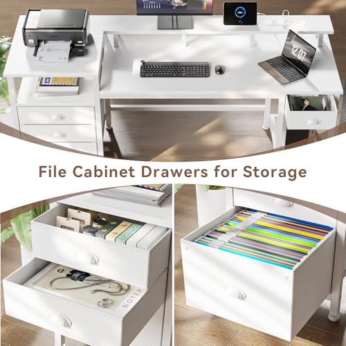 Image of Furologee 60 inch White Computer Desk with 4 Drawers, Power Outlet, LED Lights