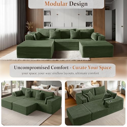 Image of Oversized 108 inch Cloud Sectional Couch, Comfort U Shaped Boneless Couch for Living Room, Extra Deep Seats No Assembly, Modular Sofa, Corduroy (Olive Green, 2 Seater+Left Facing Chaise+Ottoman)