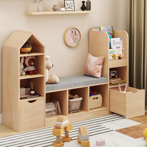 Image of Vabches Toy Storage Organizer for Kids Bookshelf with Reading Nook, Multifunctional Kids Bookcase with 7 Storage Cubbies, 2 Movable Drawers and Seat Cushion for Keeping Kids' Toys Books Organized, Oak