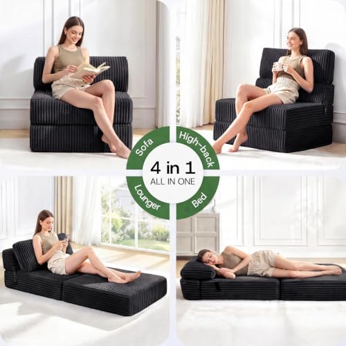 Image of Folding Sofa Bed Convertible 4 in 1 Sleeper Chair Black Twin XL