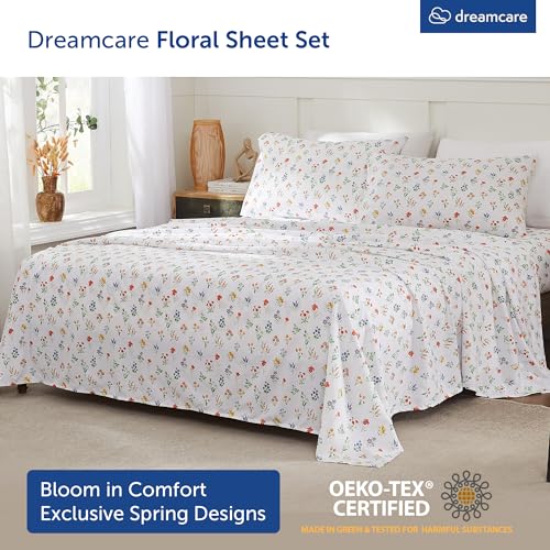 Image of DREAMCARE Queen Sheet Set - 4 pcs Breathable Cooling Sheets - up to 15 inch Deep Pocket Queen Sheets Set with Side Pockets - Extra Soft 100% Brushed Hypoallergenic Hotel Luxury Bedding - Multi Floral