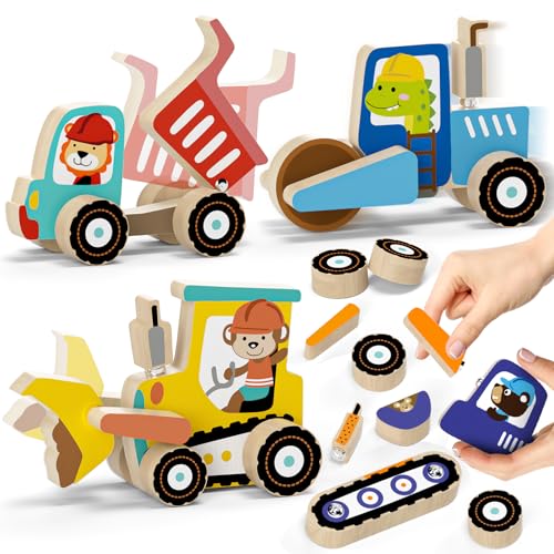 Lehoo Castle Montessori Toys for 3 Year Old, Take Apart Construction Truck STEM Toy for 3-4 3-5 4-5 Year Old Boys, Snap Together Wooden Educational Learning Building Toys Gift for Toddlers