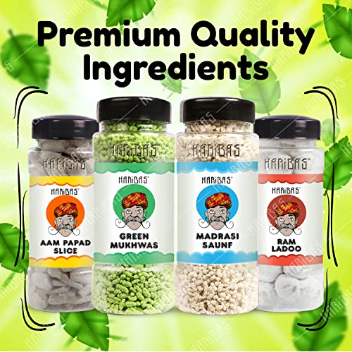 Image of HARIBAS Green Mukhwas 180gm, Madrasi Mukhwas 180gm, Ram Ladoo 180gm and Mango slice 180gm (Pack of 4) | Premium and Sweet Mouth Freshener, Tasty After Meal Digestive